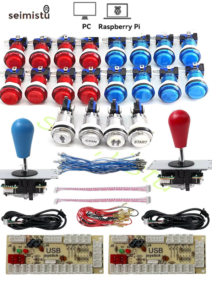 Seimistu DIY Arcade Kit für 2 Spieler mit LED Push Buttons und Joystick, USB Encoder für PC und Raspberry Pi, Multicolor - Bild 5