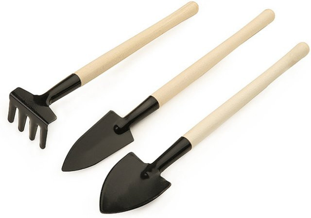 LEENKEA 3-teiliges Mini-Gartengeräte-Set mit Holzgriff und Metallkopf in Braun und Schwarz - Bild 1