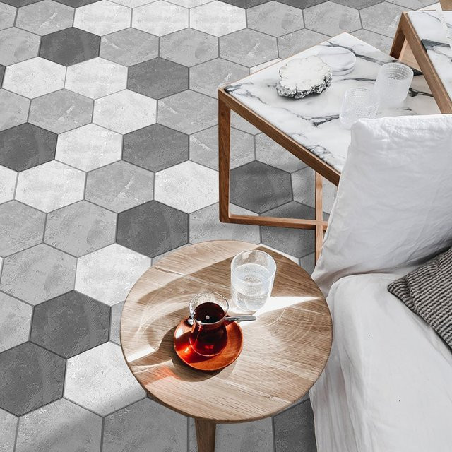 11 Stück selbstklebende Bodenaufkleber in Sechseck-Design, grau, wasserdicht und rutschfest im modernen Zement-Look - Bild 1