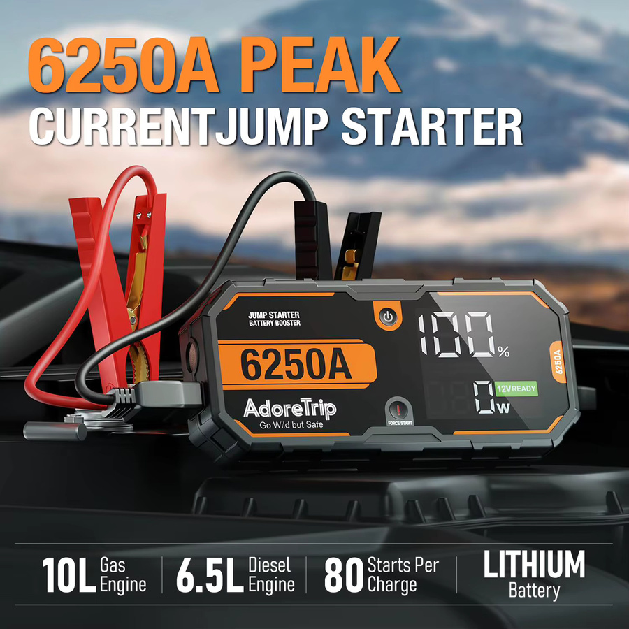AdoreTrip Tragbares 12V Starthilfegerät 6250A in Schwarz mit Powerbank Funktion als Autobatterie-Ladegerät für Benzinmotoren bis 10,0L und Dieselmotoren bis 6,5L - Bild 2