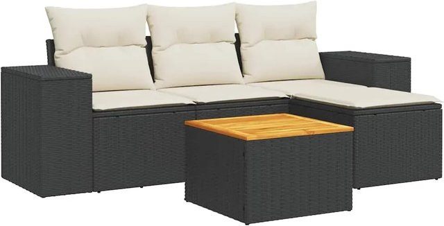vidaXL 5-teilige Garten-Sofagarnitur aus Poly-Rattan und Akazienholz in Schwarz mit Kissen - Bild 1