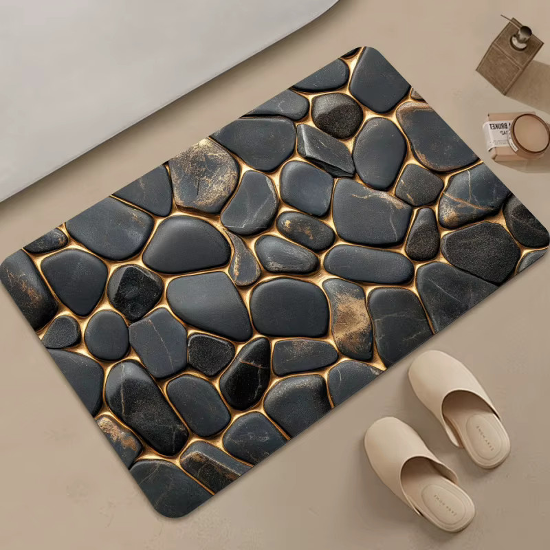 VIKAMA Badezimmerteppich Kieselstein-Design in Schwarz-Gold, wasserabsorbierend und rutschfest - Bild 3