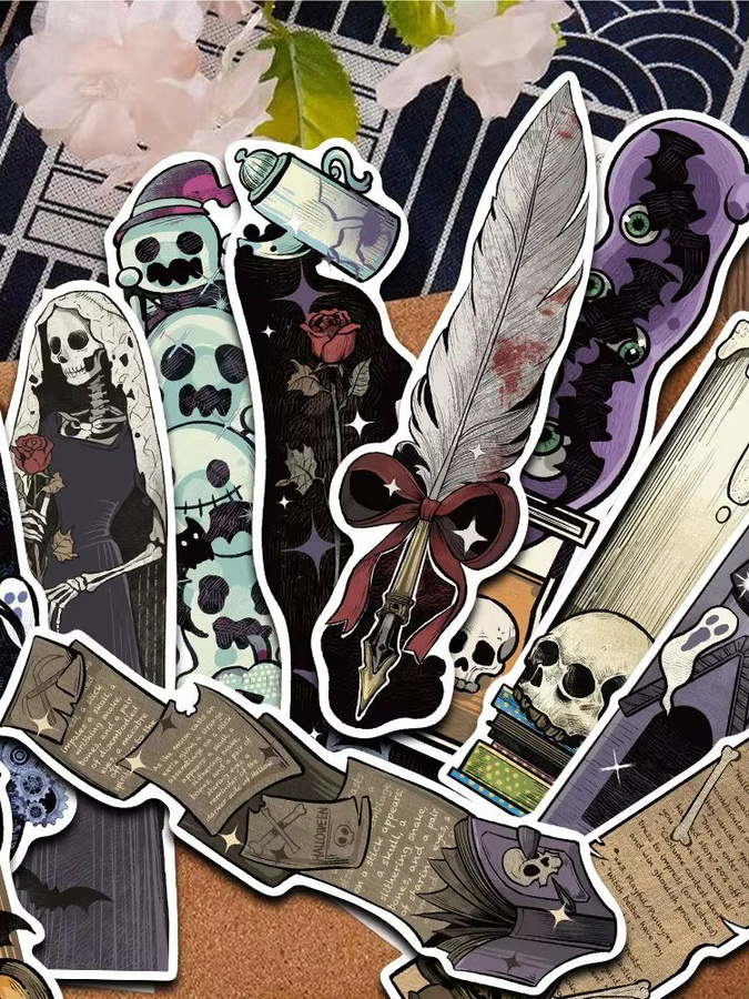 30er Set Halloween Lesezeichen mit Cartoon Horror Motiven wie Geistern, Schädeln, schwarzen Katzen und Kürbissen in Schwarz und Multicolour - Bild 5