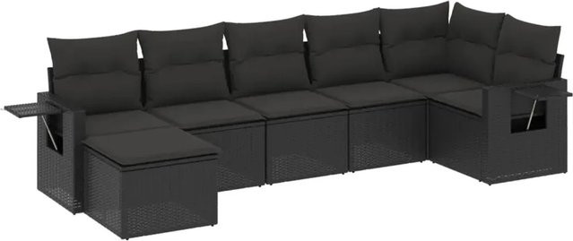vidaXL 7-teilige Garten-Sofagarnitur in L-Form aus schwarzem Poly-Rattan mit Kissen und pulverbeschichtetem Stahlgestell - Bild 1