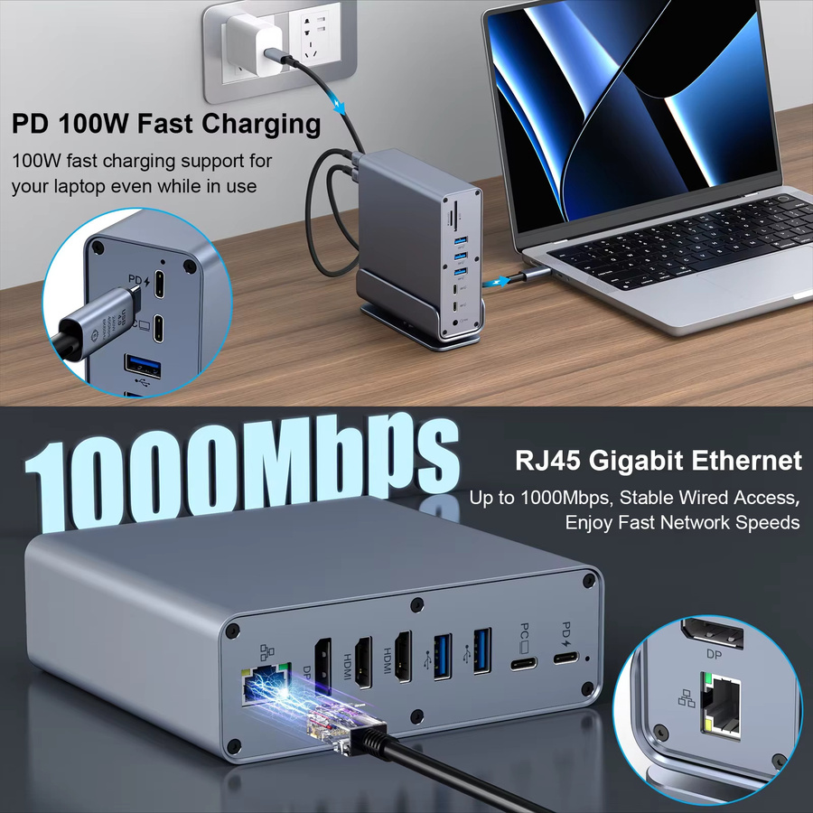 FC&EC 15 in 1 USB-C Dockingstation Hub in Grau mit 4K@60Hz HDMI, DisplayPort, USB-A, RJ45, SD/TF und Audio-Port für Macbook Pro und Laptop - Bild 6