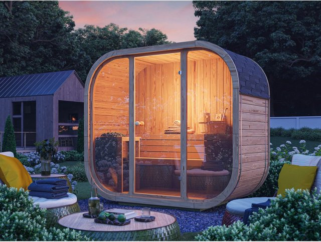 Fjordholz Fass-Sauna Modell Luxe-2 Premium aus Thermoholz und Espenholz in Braun mit Glasfront und Blockbohlen - Bild 1