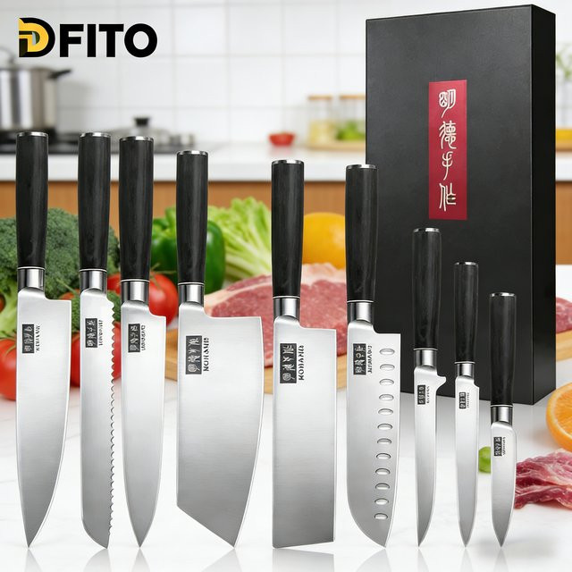 DFITO Küchenmesser-Set aus Edelstahl mit schwarzem Holzgriff in der Geschenkbox - Bild 1