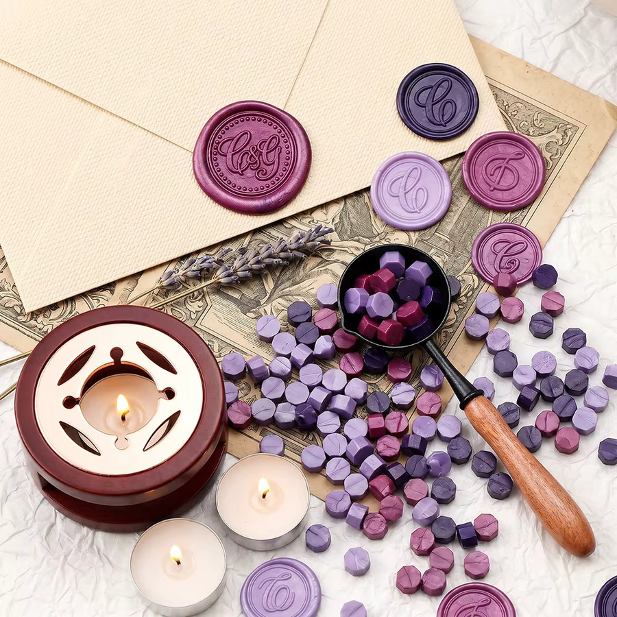 Siegelwachsperlen-Set in Weiß mit Wachssiegellackwärmer, Wachslöffel und 10 Teelichtern für DIY, Scrapbooking und Hochzeiten - Bild 4