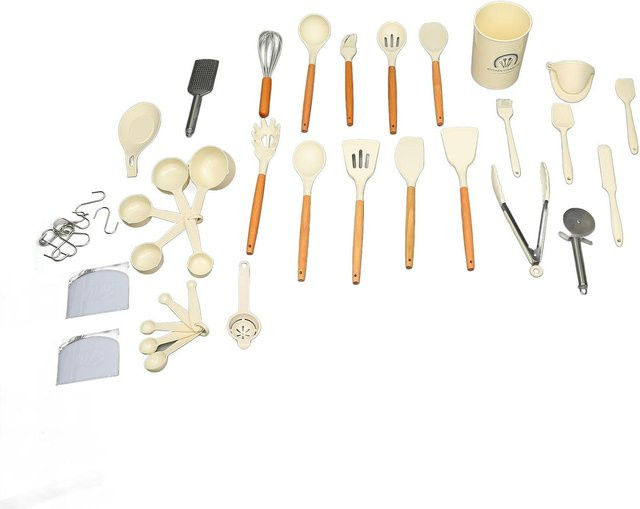 Küchenutensilien-Set von aimo aus Silikon und Holz mit Aufbewahrungseimer, hitzebeständig und kratzfest, beige - Bild 1