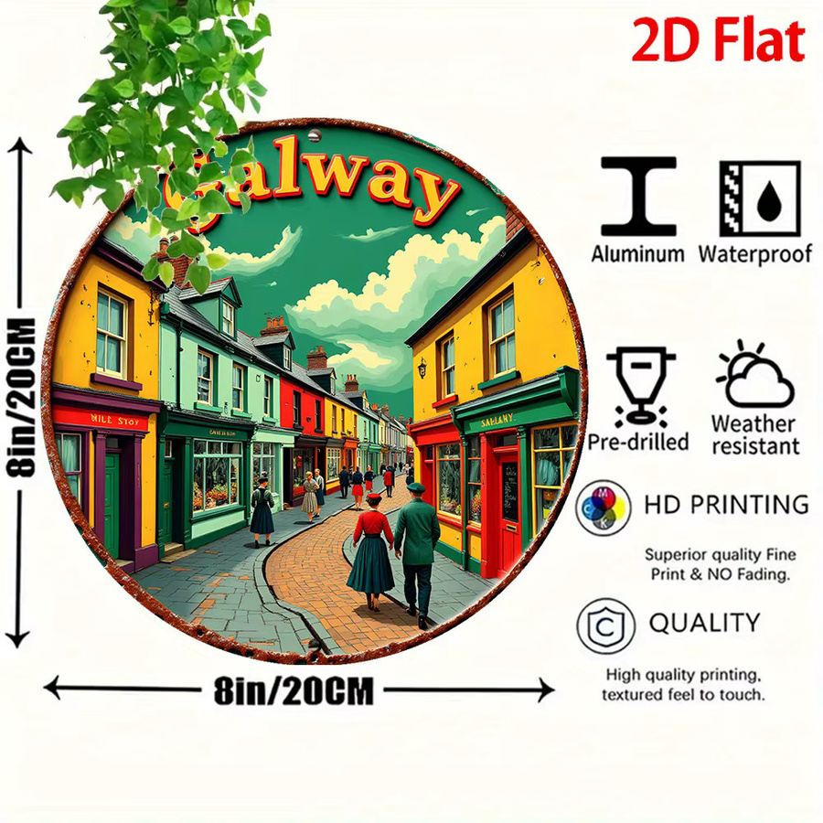 Potdemiel Retro Rundes Aluminium-Blechschild Galway Street Scene Vintage Wandkunst, B/H: 20,32 x 20,32 cm, Mehrfarbig - Bild 3