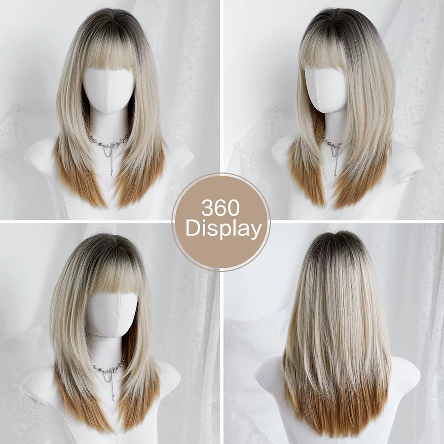 7JHH WIGS Perücke für Damen, schulterlang, gerade, beige-braun, Ombre, synthetisch, mit Pony - Bild 4