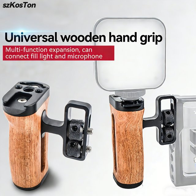 SZKOSTON Mini-Seitengriff für Kamerakäfig mit 1/4"-20 Gewindeloch, verstellbar mit integriertem Cold Shoe, Farbe: Braun - Bild 1
