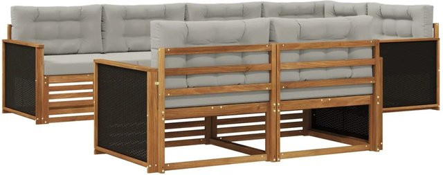 vidaXL Outdoor-Sofagarnitur aus Akazienholz in L-Form mit 7 Kissen in Natur und Hellgrau - Bild 1