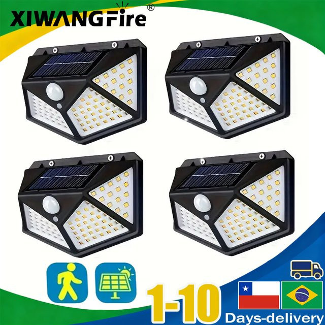 XIWANGFIRE Solar-LED-Wandleuchte mit 100 LEDs und Bewegungsmelder, wasserdichte Außenleuchte in Schwarz für Garten, Hof und Treppen - Bild 1