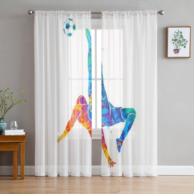 Super Six Fußballspieler Tüll Gardine aus Organza in Weiß, B: 135 cm, H: 114 cm - Bild 1