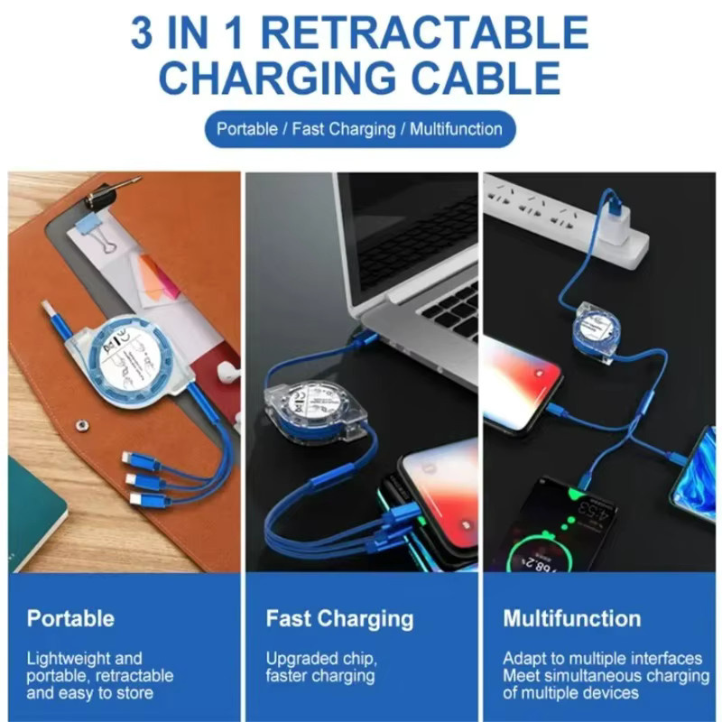 3-in-1 Einziehbares USB-Schnellladekabel für iPhone, Android, Xiaomi, Huawei und Samsung mit USB-C und Micro-USB in Rot - Bild 2
