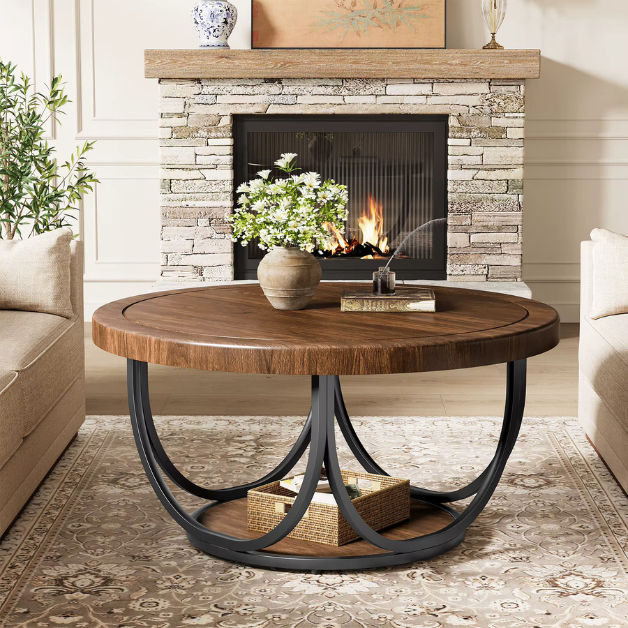 Tribesigns Runder Couchtisch im Industrial Design mit 2 Ebenen, Holz-Akzent und Metallgestell, Braun/Schwarz, Durchmesser: 80 cm - Bild 2