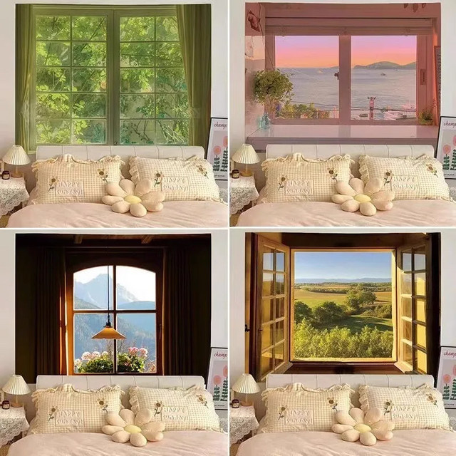 VIKAMA Wandteppich mit künstlicher Fenster-Wolkenlandschaft und 3D-Effekt zur gemütlichen Dekoration für dein Schlafzimmer oder Wohnheim - Bild 1
