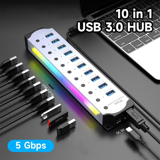 MOSHOU 10 in 1 USB-Hub mit USB 2.0-Schnittstellen, RGB-Beleuchtung und E-Marker Wärmeableitungs-Design in Multicolour - Bild 1