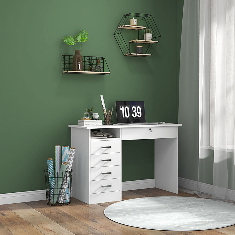HOMCOM Moderner Computertisch mit 5 Schubladen und 1 offenem Fach in Weiß, B/T/H: 110 x 50 x 76 cm - Bild 2