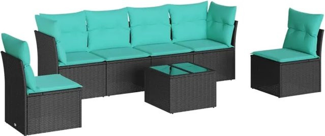 vidaXL 7-teilige Garten-Sofagarnitur in U-Form aus Poly-Rattan und pulverbeschichtetem Stahl mit Sitz- und Rückenkissen in Schwarz-Blau - Bild 1