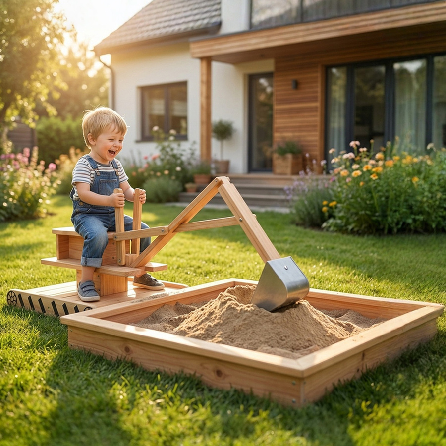 AIYAPLAY Sandkasten aus Holz mit Bagger, Sandkiste, ab 3 Jahre, Natur - Bild 2