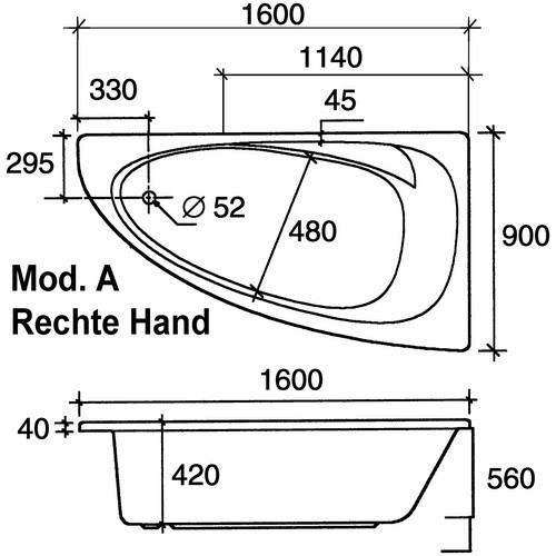 OTTOFOND Badewanne Marina asymmetrisch in Weiß, B/T/H: 90 x 160 x 42 cm - Bild 3