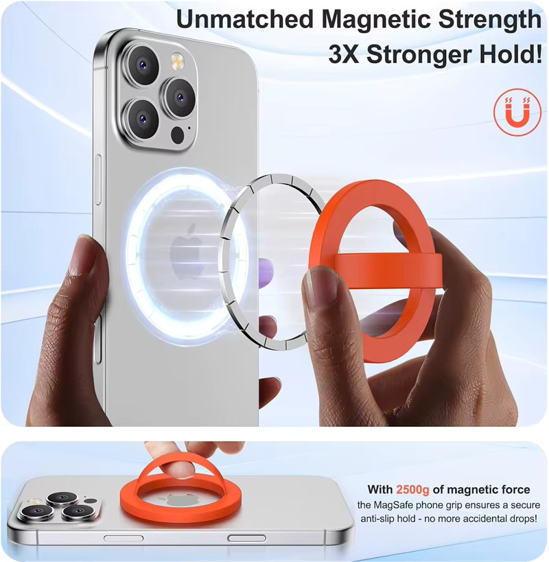 Newteneight Magnetischer Fingerriemen aus flüssigem Silikon für MagSafe iPhone 17 und 16, Handhalterung und Ständer in Lila und Orange - Bild 2