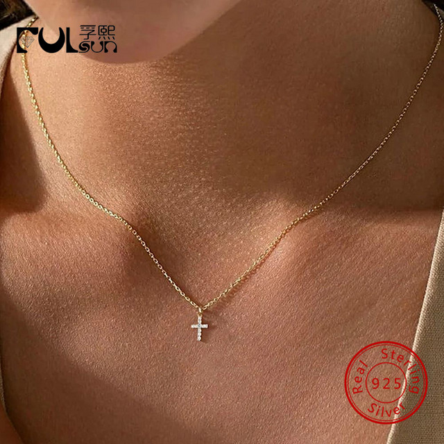 fulsun Halskette, Mini Kreuz, 925 Silber, 14K Gold/Rhodium Plattiert, Zirkonia, Damen - Bild 1