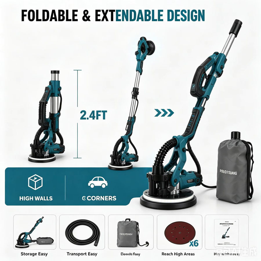 Trockenbau-Schleifmaschine mit 1390W und 6 variablen Geschwindigkeiten in Blau und Kupfer, Teleskop-Wandpolierer mit 360° LED-Beleuchtung und Staubabsaugsystem - Bild 4