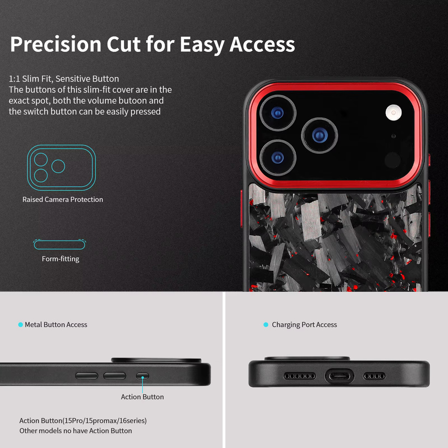 Premium Carbon Handyhülle für Apple iPhone 17 Pro Max in Schwarz und Rot, stoßfest und rutschfest mit kabelloser Ladefunktion - Bild 4