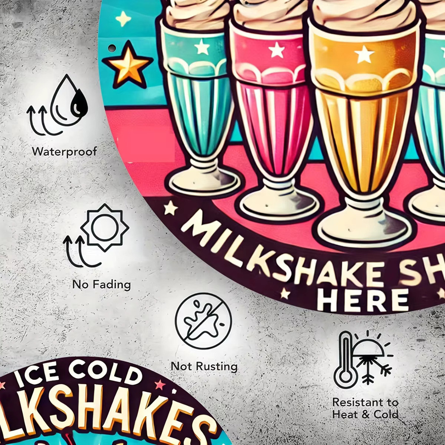 Potdemiel Retro-Aluminiumschild Ice Cold Milkshakes, rundes Vintage-Wandkunst-Dekor aus Metall, Mehrfarbig, Durchmesser: 20,3 cm - Bild 4