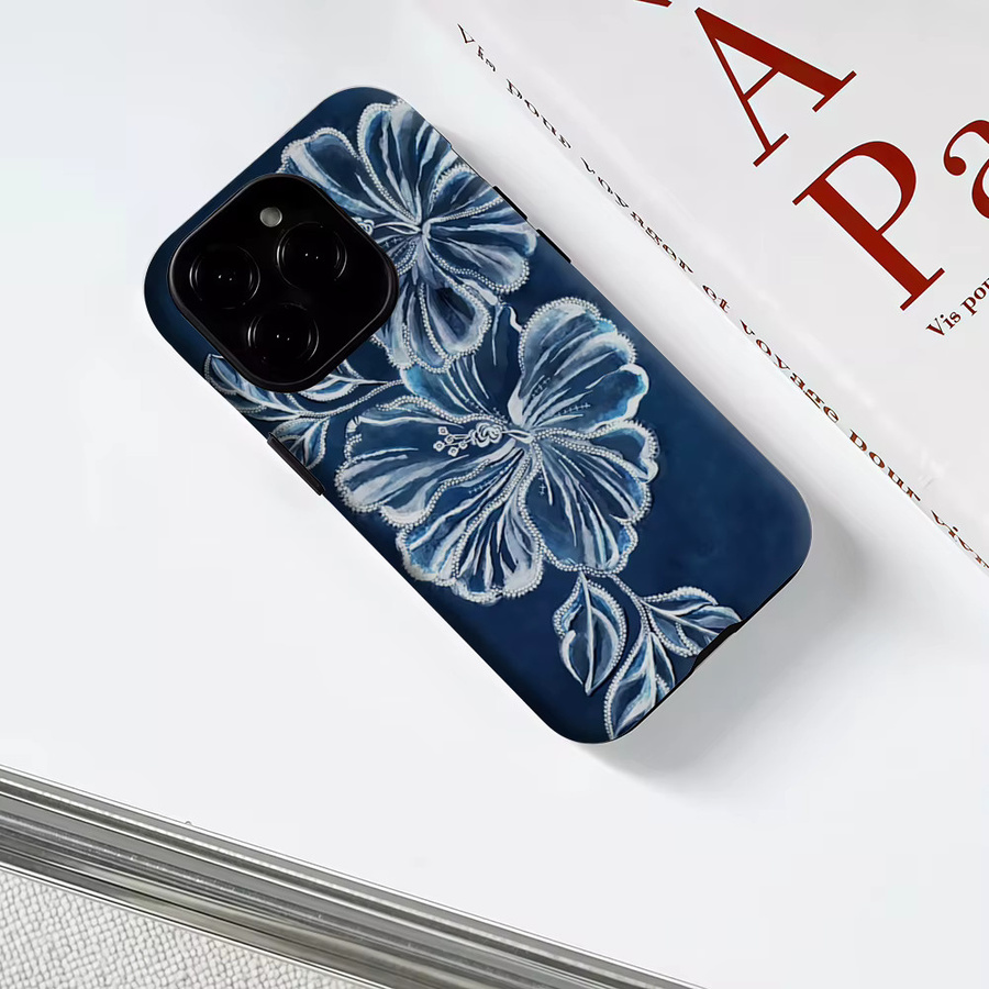 Robuste doppelschichtige Handyhülle mit Blumenmuster von Potdemiel für iPhone 17 16 15 14 13 Pro Max Plus, Marineblau und Weiß, magnetisch kompatibel - Bild 3
