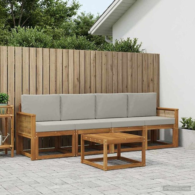 vidaXL Outdoor-Sofagarnitur 5-teilig aus Akazienholz und Polyester in Natur und Hellgrau - Bild 3
