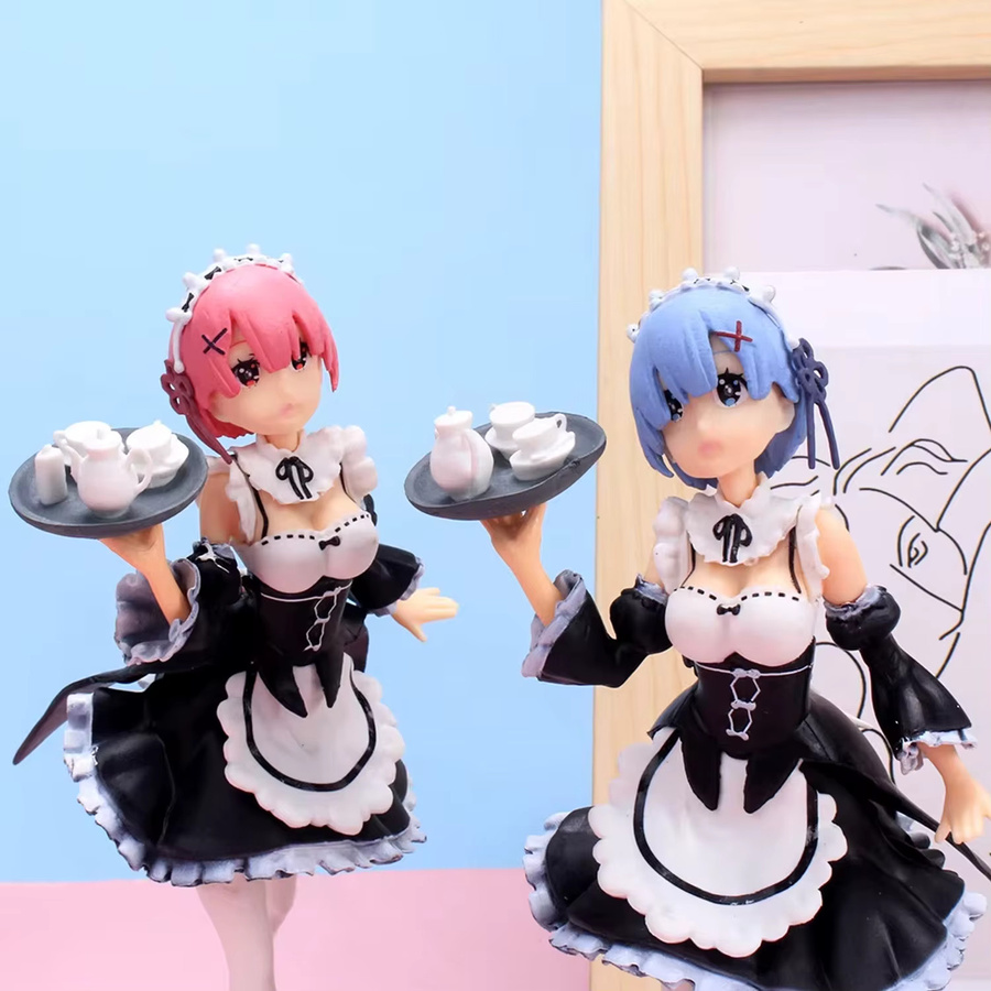 Bandai Re:Zero Rem & Ram Figurenset, Dienstmädchen-Kostüm mit Tablett, stehende Pose - Bild 3