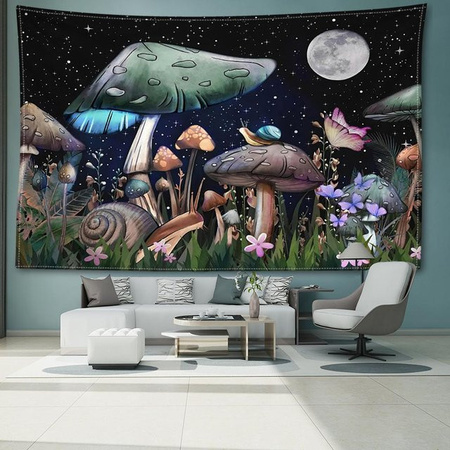 Super Six Wandteppich mit Cartoon Schnecke und Pilz Motiv in Grau und Multicolour, Boho Kunst Wandbehang für Wohnzimmer und Schlafzimmer, B: 95 cm, H: 73 cm