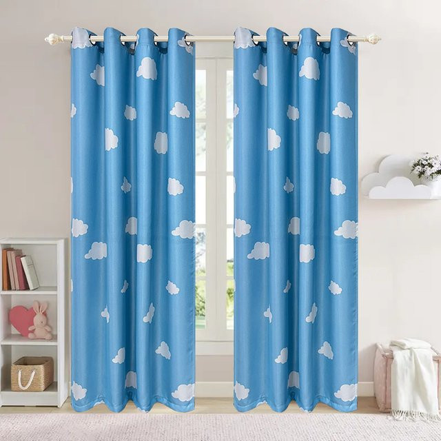 Blaue Cartoon-Vorhänge mit Wolken-Print für das Kinderzimmer, halbtransparente Fensterpaneele von Black Ant, Breite: 107 cm, Höhe: 160 cm - Bild 1