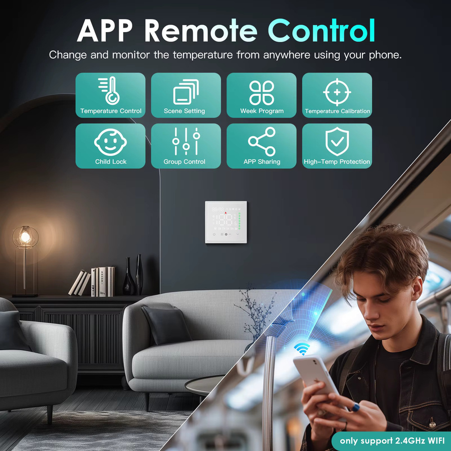 BSEED Smart WIFI Elektrischer Temperaturregler für Bodenheizung mit App-Steuerung und Alexa sowie Google Home Integration, Kunststoffrahmen, Schwarz oder Weiß - Bild 2