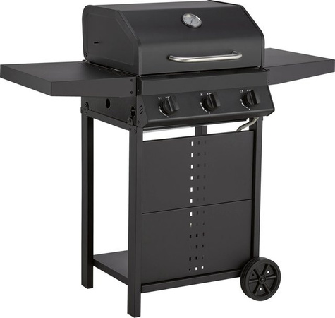 Gasgrill Cumbre in Schwarz mit 3 Brennern, Thermometer, Ablageflächen und Rollen