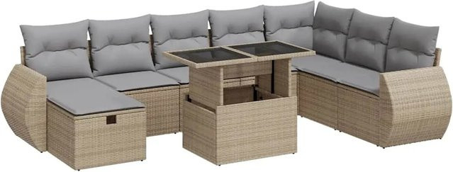 vidaXL 9-tlg. Garten-Sofagarnitur aus Poly-Rattan in Beige mit Kissen und Couchtisch - Bild 1