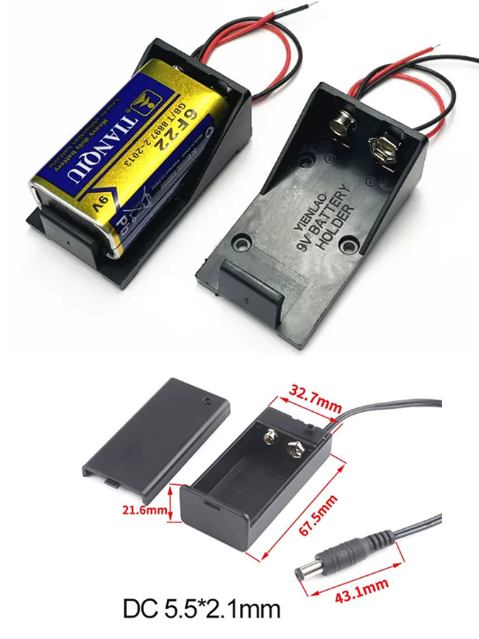 JCD 9V Batteriehalter mit DC 5,5 x 2,1 mm Stecker, Ein/Aus-Schalter und Bleiabdeckung in Schwarz - Bild 5
