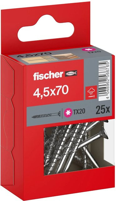 Fischer PowerFast II A2 Senkkopf Teilgewinde Torx Schraube aus Edelstahl in Silber, Durchmesser: 4,5 mm, Länge: 70 mm, 25 Stück - Bild 1
