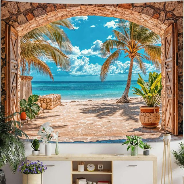 VIKAMA Wandteppich Archway Seaview Tropical Palm Grove Beach, Mehrfarbig - Bild 1
