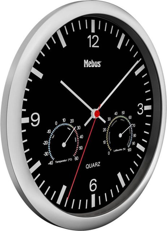 Mebus Wanduhr schwarz rund mit Quarzwerk und Klimastation, Durchmesser: 25 cm - Bild 1