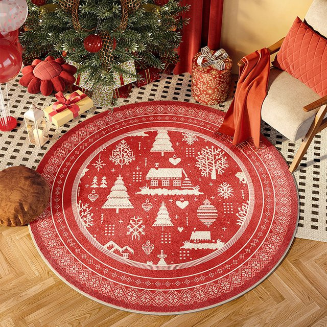 VIKAMA Runder Weihnachtsteppich in Rot mit festlichem Weihnachtsbaum Design für dein Wohnzimmer, Durchmesser: 60 cm - Bild 1