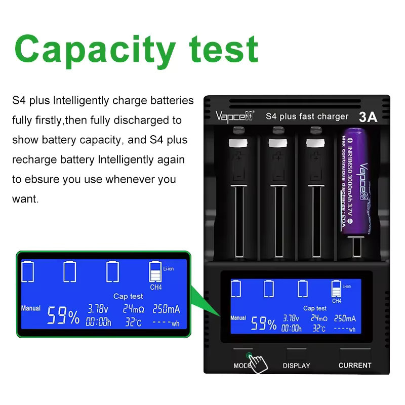 Vapcell S4 Plus V3.0 Intelligentes Akkuladegerät mit 4 Steckplätzen und 3A Schnellladefunktion in Schwarz (inklusive Netzkabel) - Bild 4