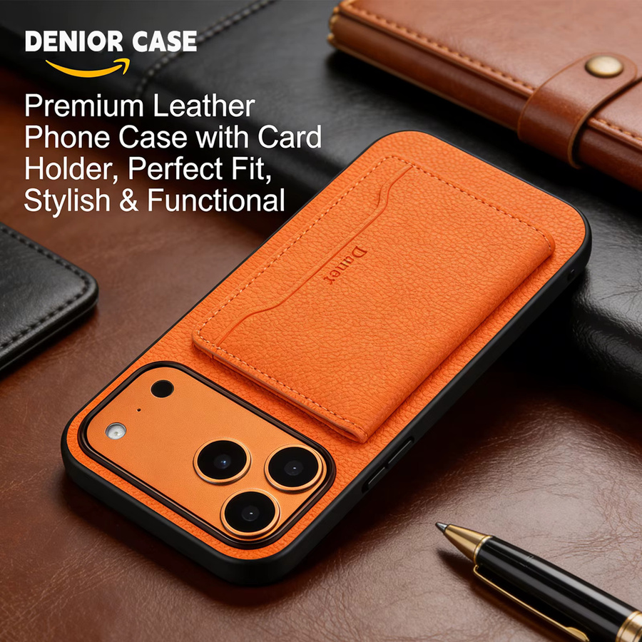 Denior Handyhülle für iPhone 17/16/15/14/13/12 Pro Max mit Litschi-Muster aus PU-Leder in Orange, magnetisch und abnehmbar, kompatibel mit kabellosem Laden - Bild 5