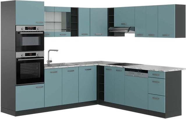 Vicco R-Line Eckküche in Blau-Grau/Anthrazit mit Marmor-Optik, modern und glänzend, B/T/H: 237 x 247 cm - Bild 1