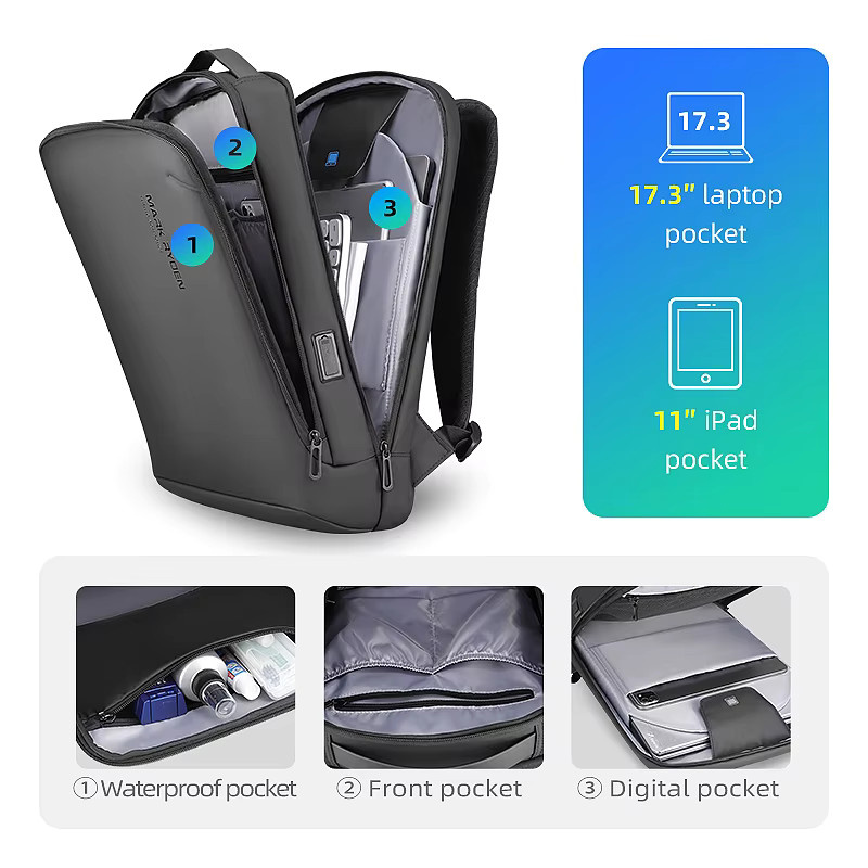 Mark Ryden Schlanker Business Laptop-Rucksack für Herren in Schwarz mit USB-C Anschluss und kratzfestem Material - Bild 3