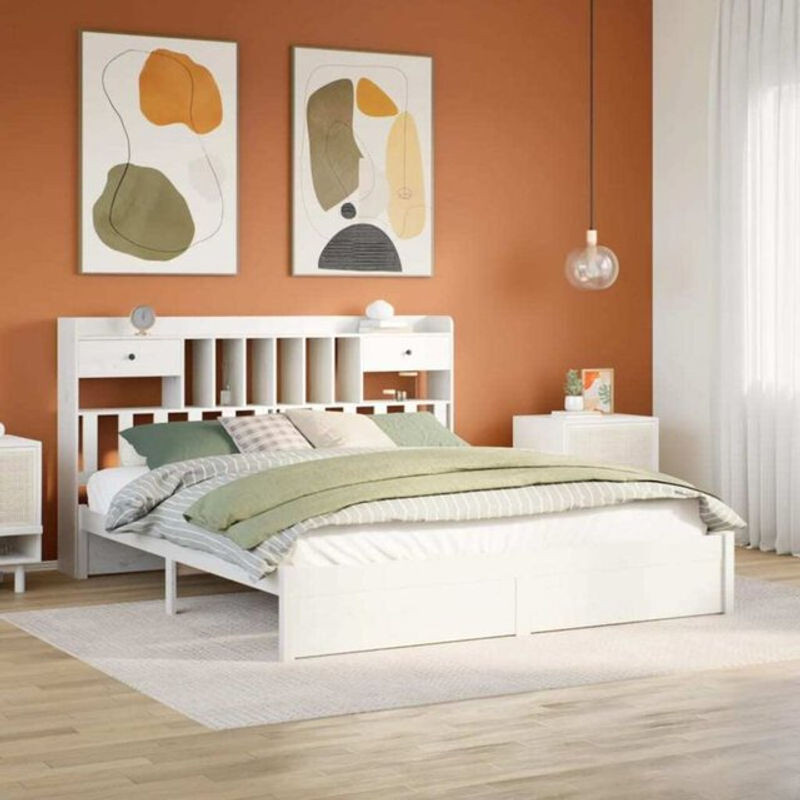 Massivholzbett Vidaxl aus Kiefer mit Regal in Weiß, B/T/H: 180 x 200 x 110 cm - Bild 1